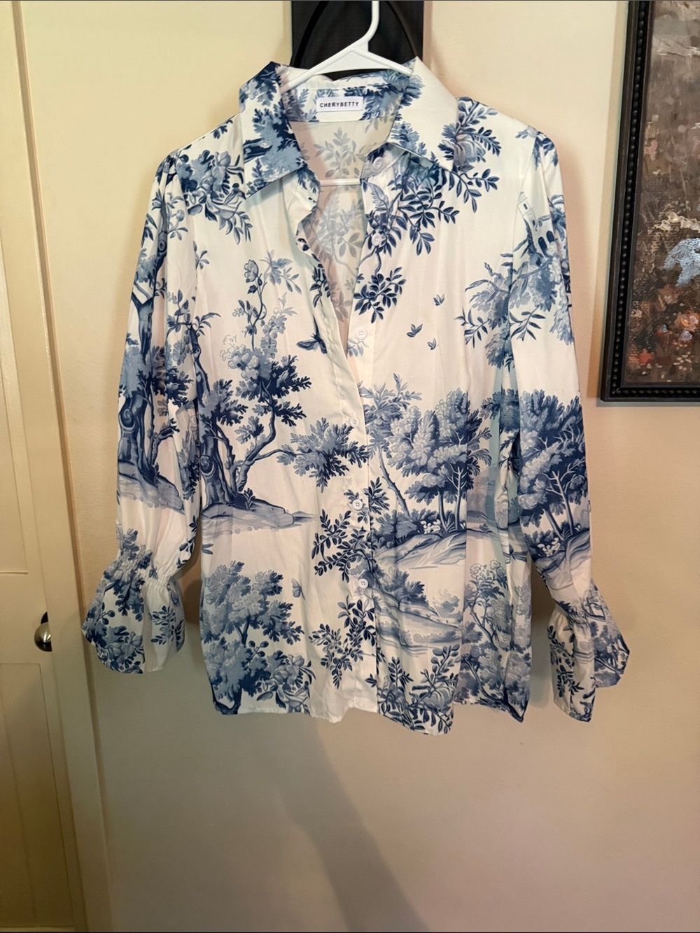 Cherry Betty Blue White Toile Print Button Down Blouse Top Size L NWOT